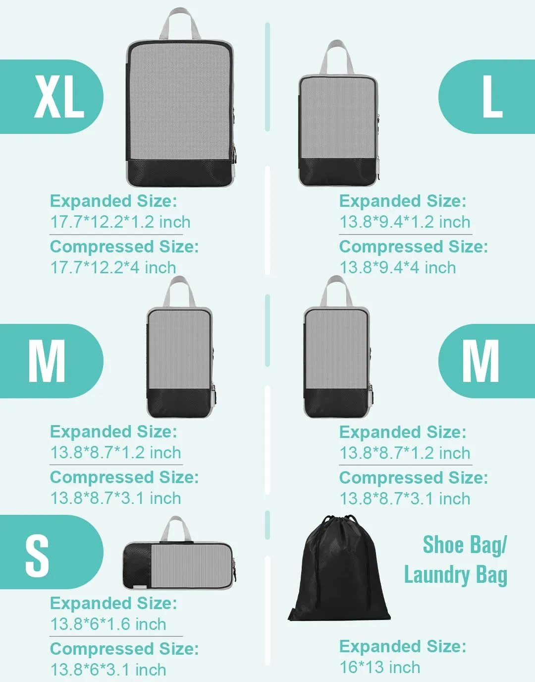 WOOMADA Compression Packing Cubes for Suitcases Travel Essentials 6 Set Rectangle Mesh Expandable Travel Bags Organizer for Luggage
