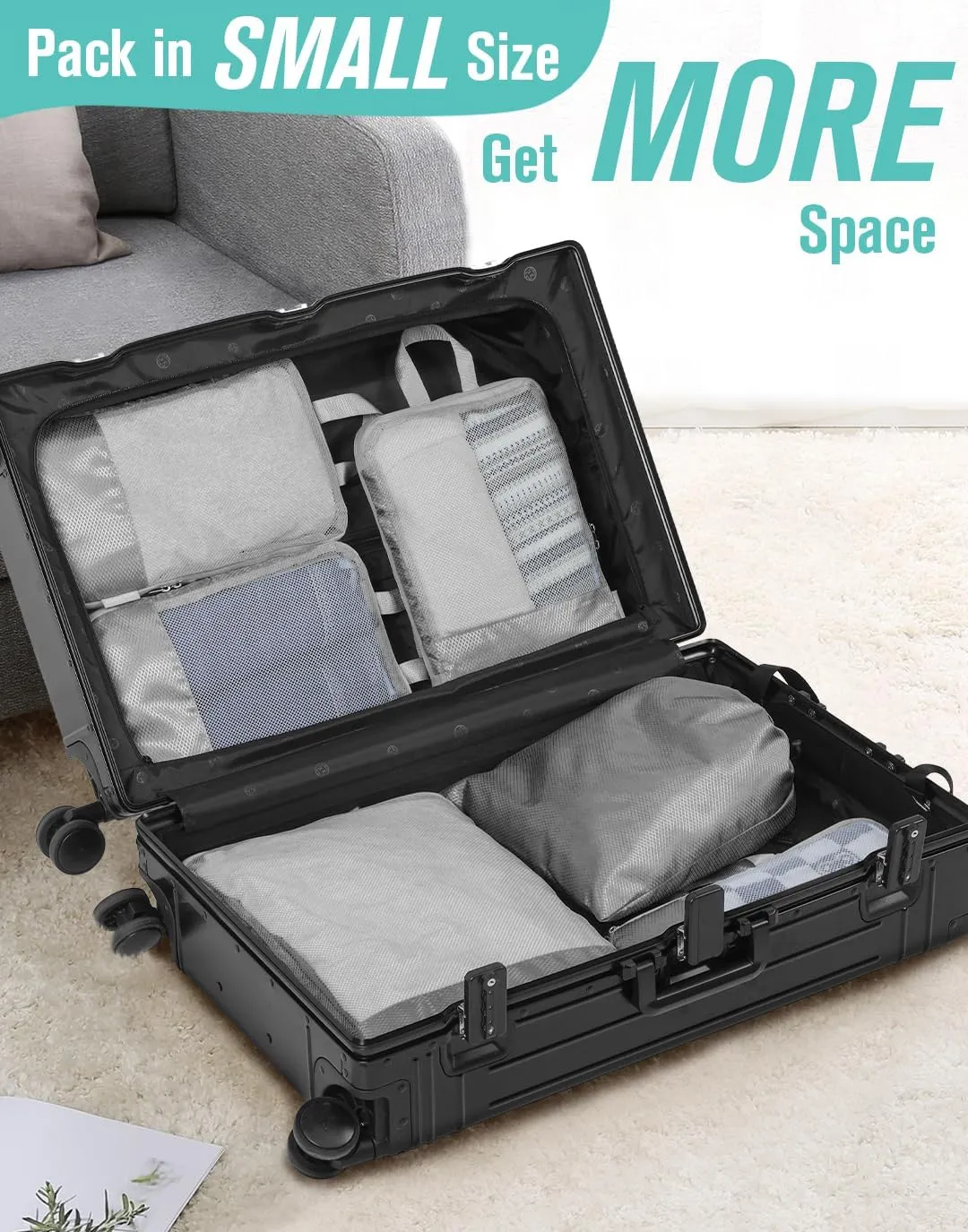 WOOMADA Compression Packing Cubes for Suitcases Travel Essentials 6 Set Rectangle Mesh Expandable Travel Bags Organizer for Luggage