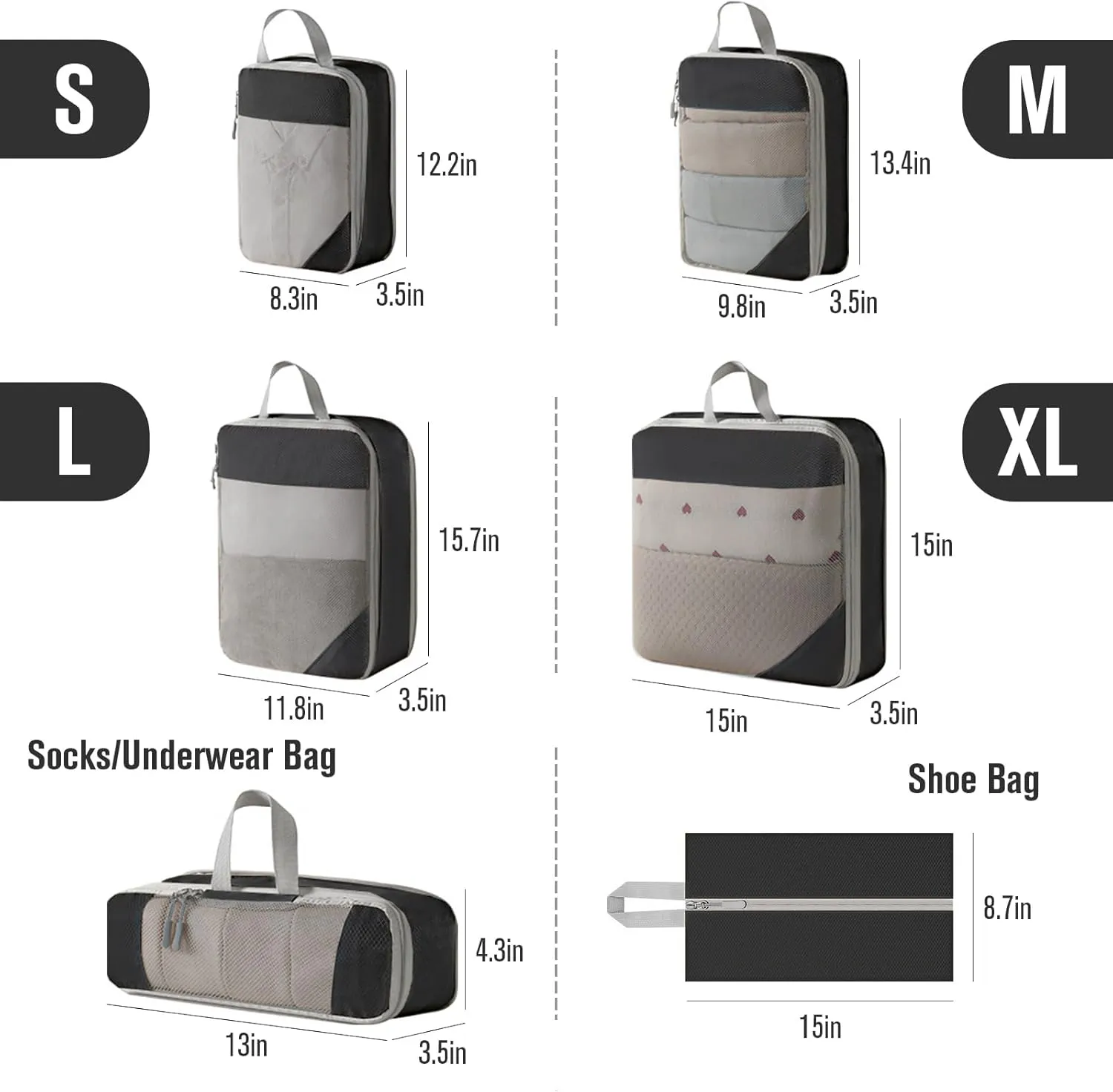 WOOMADA Compression Packing Cubes for Suitcases Travel Essentials 6 Set Rectangle Mesh Expandable Travel Bags Organizer for Luggage