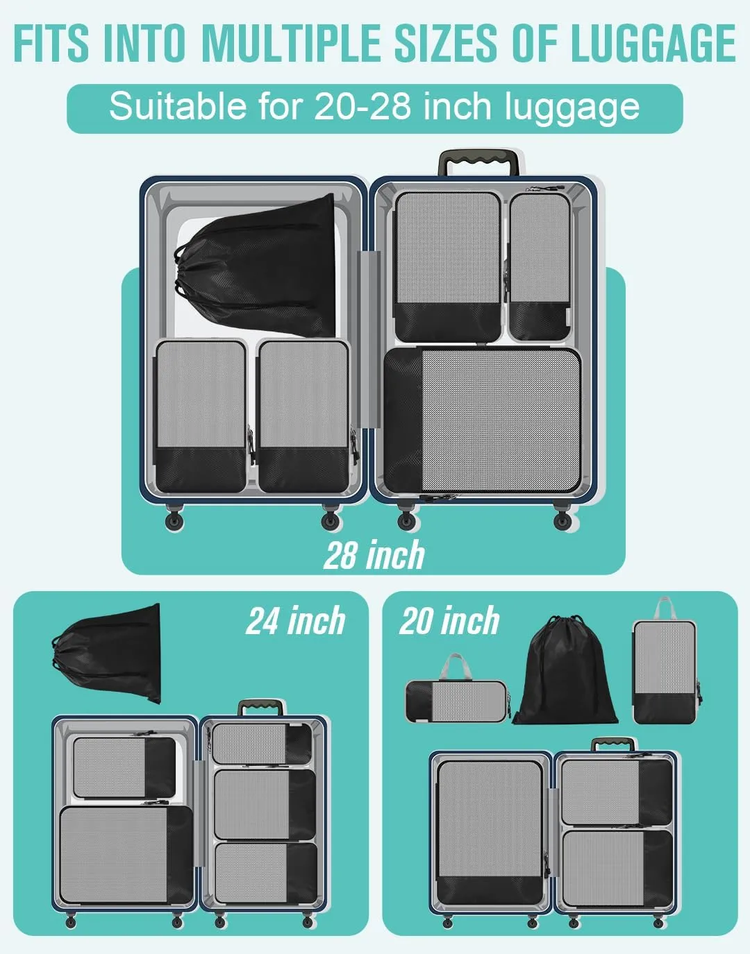 WOOMADA Compression Packing Cubes for Suitcases Travel Essentials 6 Set Rectangle Mesh Expandable Travel Bags Organizer for Luggage