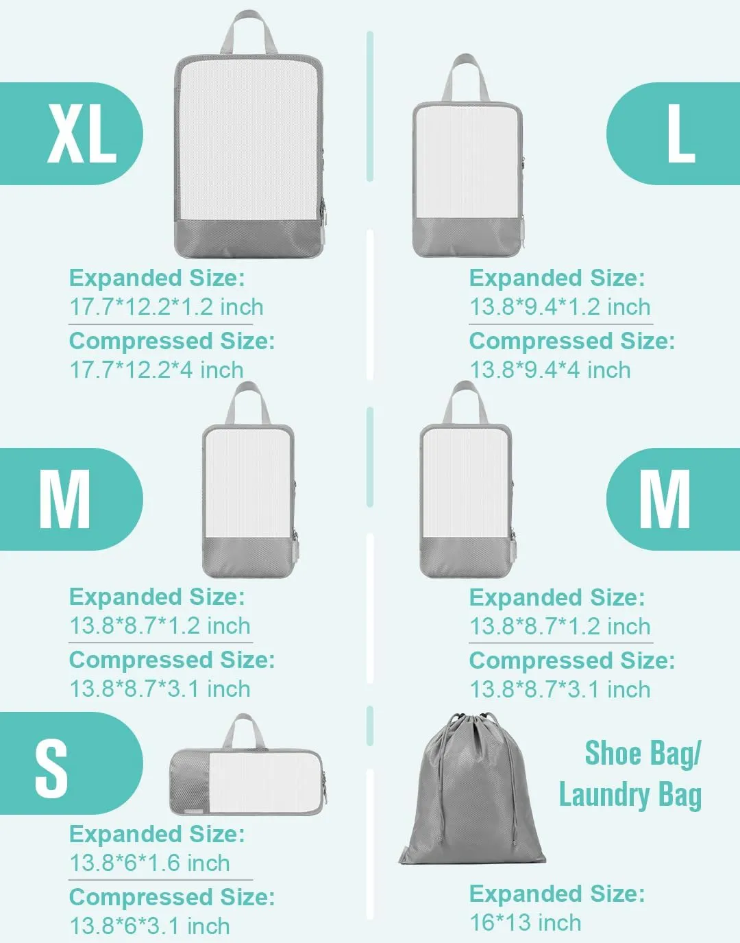 WOOMADA Compression Packing Cubes for Suitcases Travel Essentials 6 Set Rectangle Mesh Expandable Travel Bags Organizer for Luggage