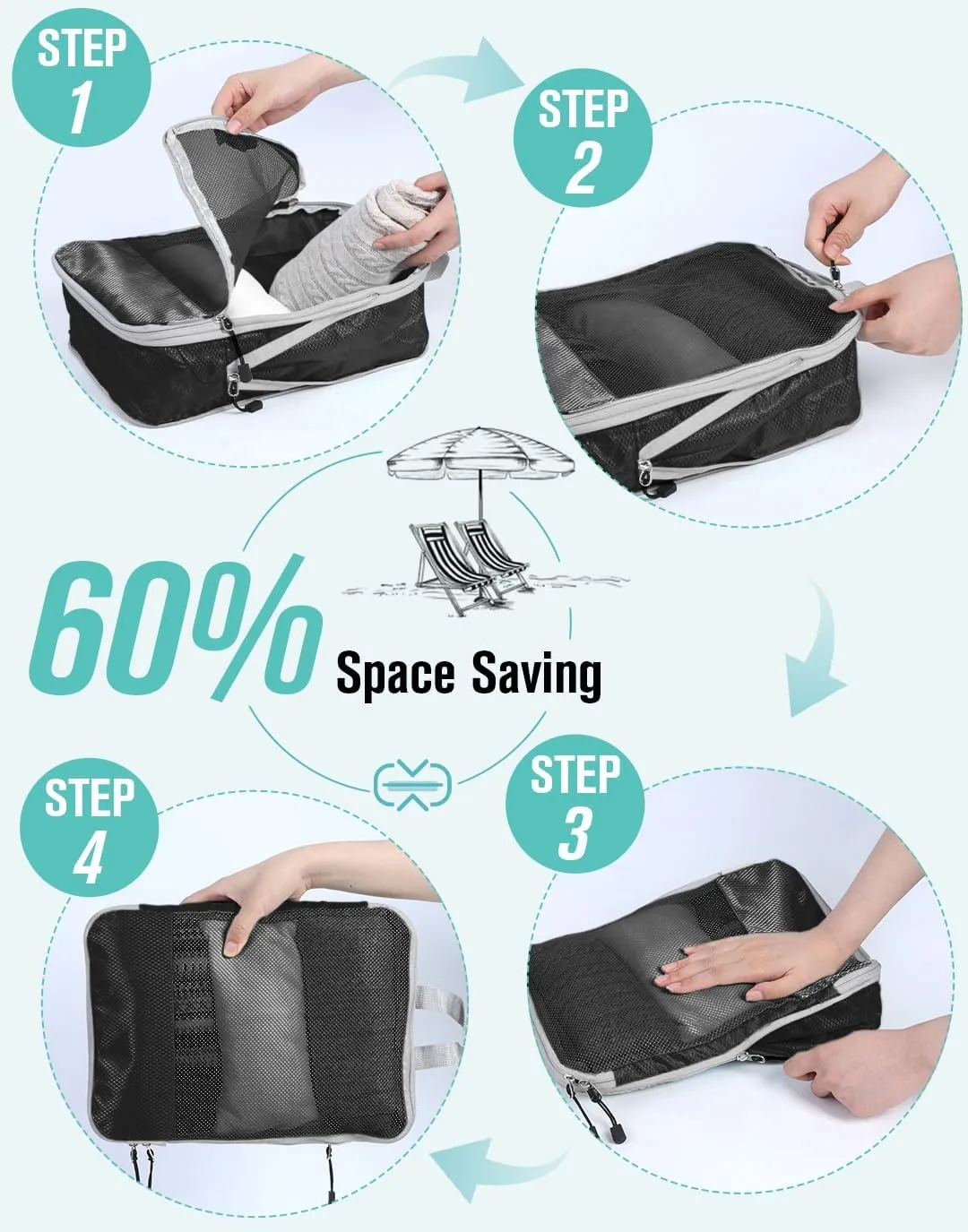 WOOMADA Compression Packing Cubes for Suitcases Travel Essentials 6 Set Rectangle Mesh Expandable Travel Bags Organizer for Luggage