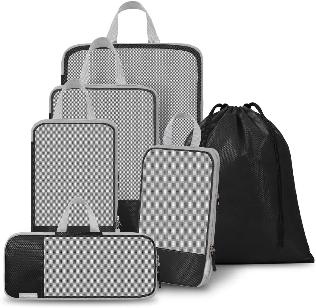 WOOMADA Compression Packing Cubes for Suitcases Travel Essentials 6 Set Rectangle Mesh Expandable Travel Bags Organizer for Luggage