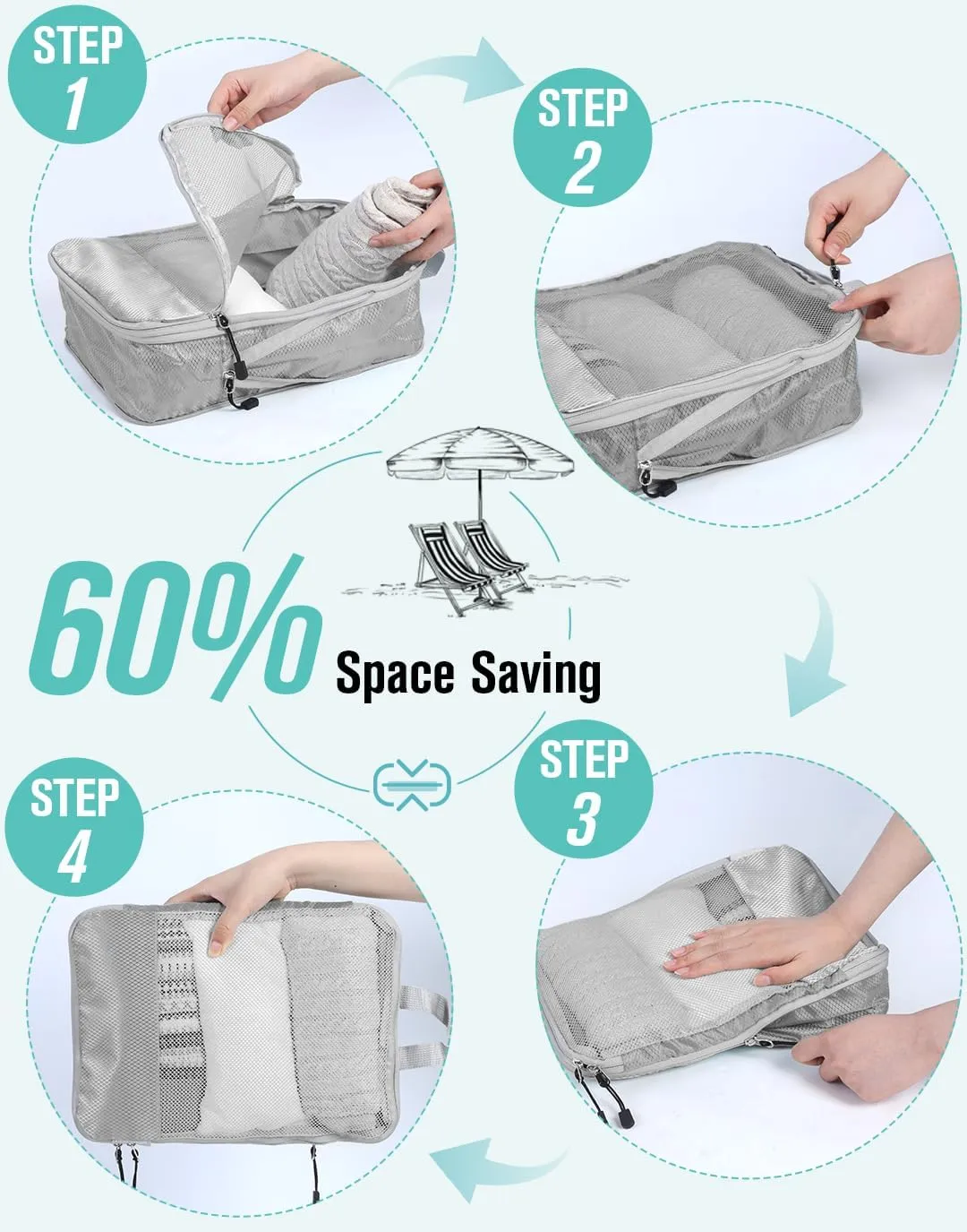 WOOMADA Compression Packing Cubes for Suitcases Travel Essentials 6 Set Rectangle Mesh Expandable Travel Bags Organizer for Luggage