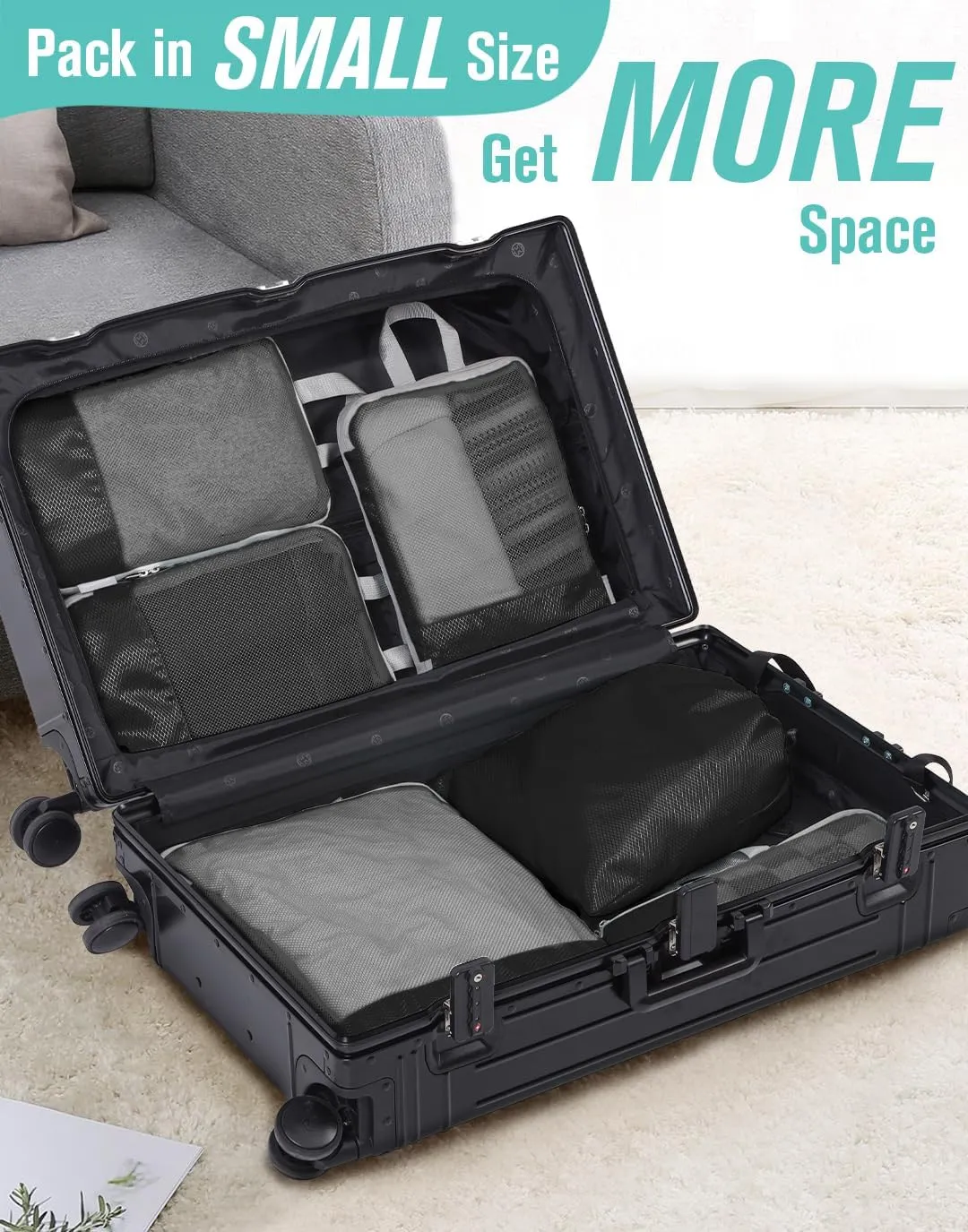 WOOMADA Compression Packing Cubes for Suitcases Travel Essentials 6 Set Rectangle Mesh Expandable Travel Bags Organizer for Luggage
