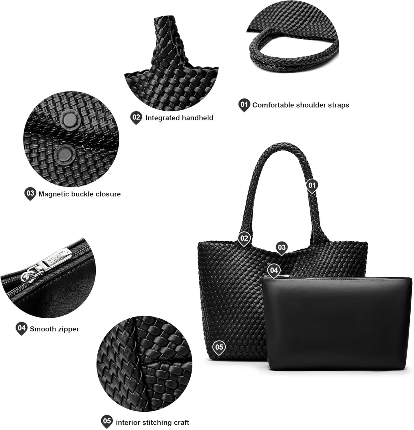 Woven Bags for Women Tote Purse: Vegan Leather Shoulder Handbags - Large Beach Tote - Travel Totes Handwoven Satchel