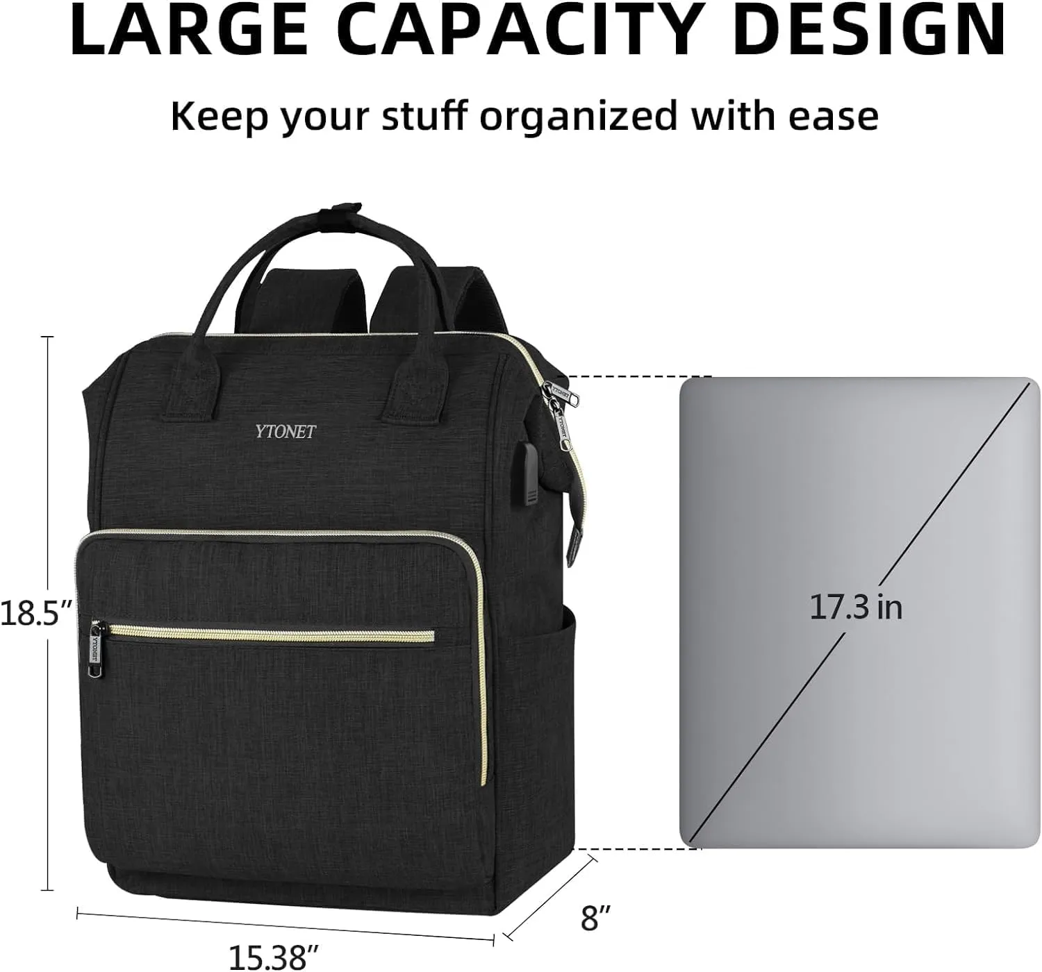 Ytonet Laptop Backpack Women, 17.3 Inch Large Bag for Women Travel Bag with Laptop Compartment USB Charging Port, RFID Anti-Theft Water Resistant Work Backpack Purse, Black